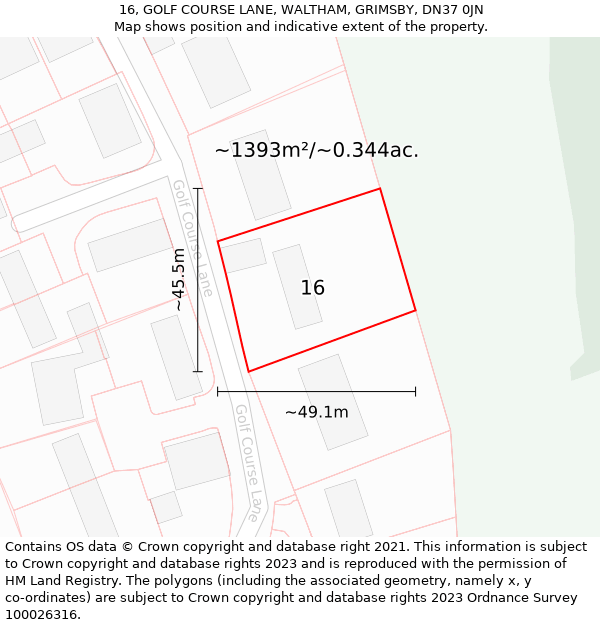 16, GOLF COURSE LANE, WALTHAM, GRIMSBY, DN37 0JN: Plot and title map