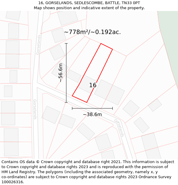 16, GORSELANDS, SEDLESCOMBE, BATTLE, TN33 0PT: Plot and title map