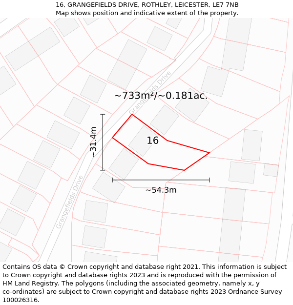 16, GRANGEFIELDS DRIVE, ROTHLEY, LEICESTER, LE7 7NB: Plot and title map