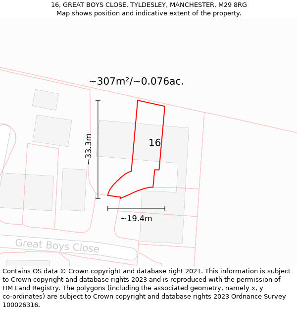 16, GREAT BOYS CLOSE, TYLDESLEY, MANCHESTER, M29 8RG: Plot and title map