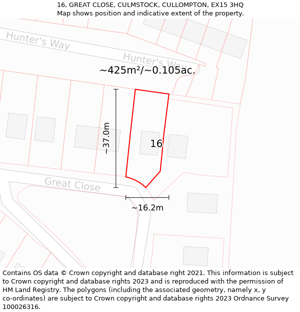 16, GREAT CLOSE, CULMSTOCK, CULLOMPTON, EX15 3HQ: Plot and title map