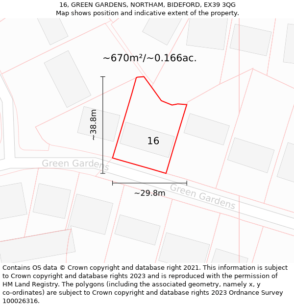 16, GREEN GARDENS, NORTHAM, BIDEFORD, EX39 3QG: Plot and title map