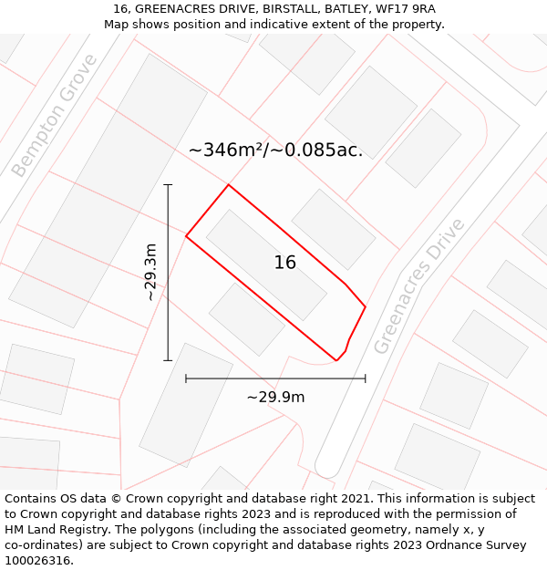 16, GREENACRES DRIVE, BIRSTALL, BATLEY, WF17 9RA: Plot and title map