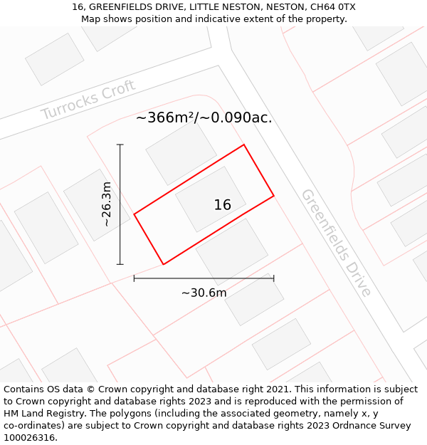 16, GREENFIELDS DRIVE, LITTLE NESTON, NESTON, CH64 0TX: Plot and title map