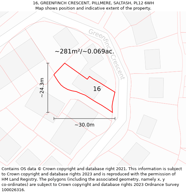 16, GREENFINCH CRESCENT, PILLMERE, SALTASH, PL12 6WH: Plot and title map