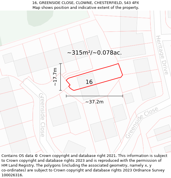 16, GREENSIDE CLOSE, CLOWNE, CHESTERFIELD, S43 4PX: Plot and title map