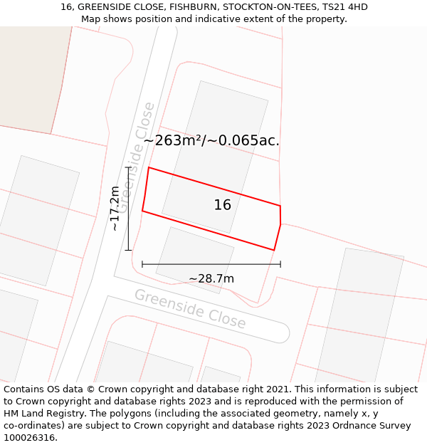 16, GREENSIDE CLOSE, FISHBURN, STOCKTON-ON-TEES, TS21 4HD: Plot and title map