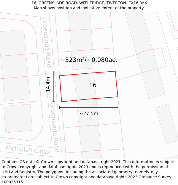 16, GREENSLADE ROAD, WITHERIDGE, TIVERTON, EX16 8AX: Plot and title map