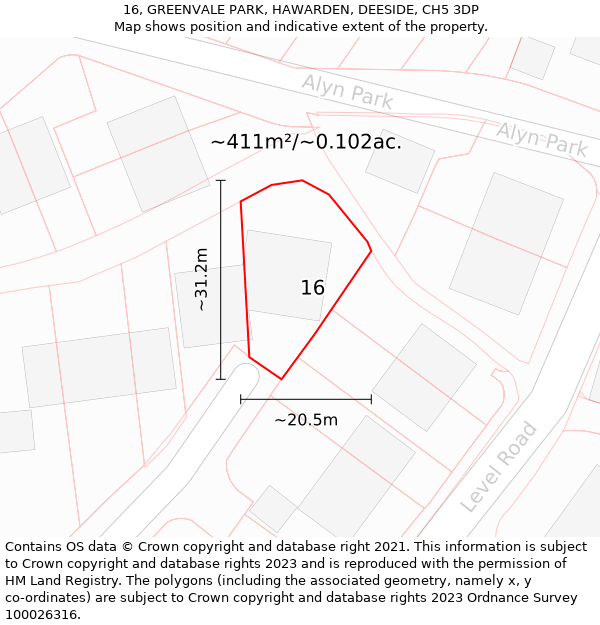 16, GREENVALE PARK, HAWARDEN, DEESIDE, CH5 3DP: Plot and title map