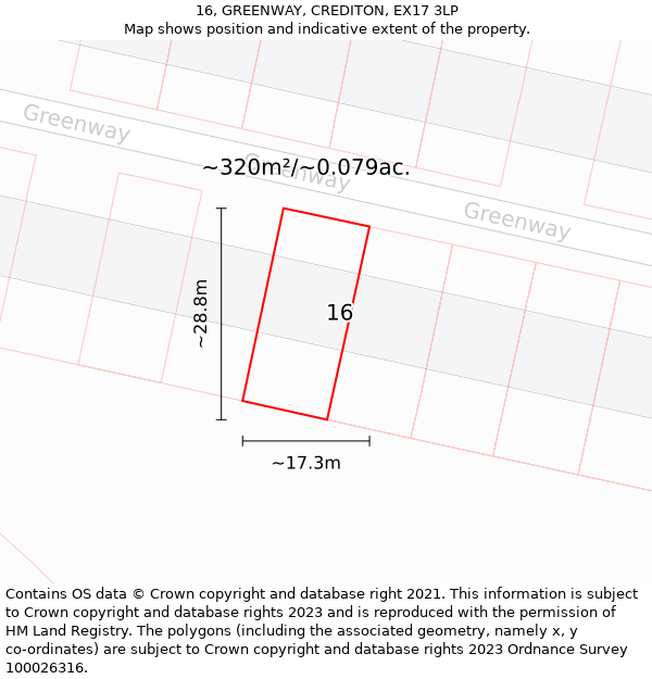 16, GREENWAY, CREDITON, EX17 3LP: Plot and title map