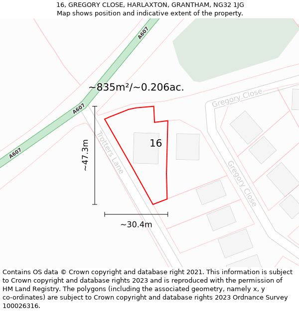 16, GREGORY CLOSE, HARLAXTON, GRANTHAM, NG32 1JG: Plot and title map