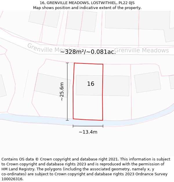 16, GRENVILLE MEADOWS, LOSTWITHIEL, PL22 0JS: Plot and title map