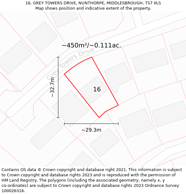 16, GREY TOWERS DRIVE, NUNTHORPE, MIDDLESBROUGH, TS7 0LS: Plot and title map