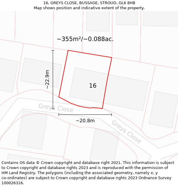 16, GREYS CLOSE, BUSSAGE, STROUD, GL6 8HB: Plot and title map