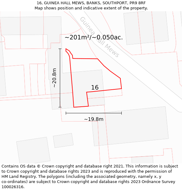 16, GUINEA HALL MEWS, BANKS, SOUTHPORT, PR9 8RF: Plot and title map