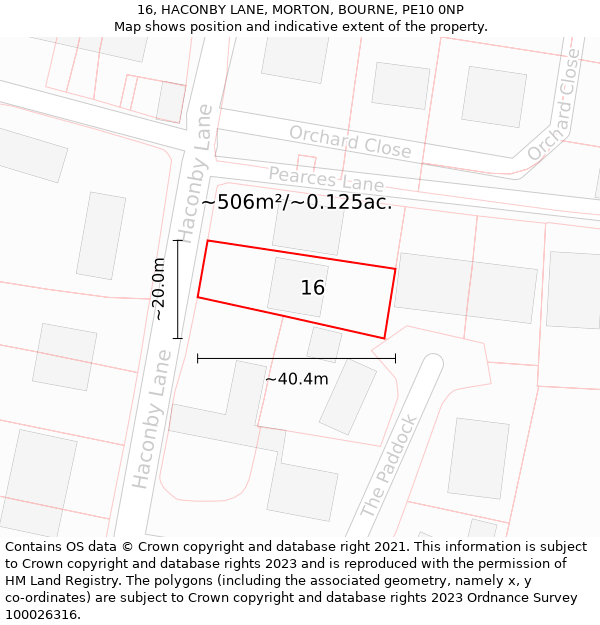 16, HACONBY LANE, MORTON, BOURNE, PE10 0NP: Plot and title map