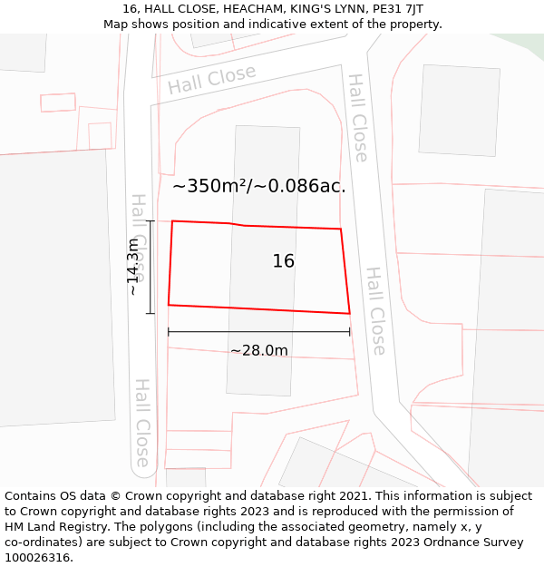 16, HALL CLOSE, HEACHAM, KING'S LYNN, PE31 7JT: Plot and title map