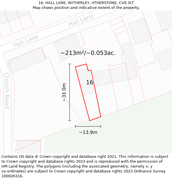 16, HALL LANE, WITHERLEY, ATHERSTONE, CV9 3LT: Plot and title map