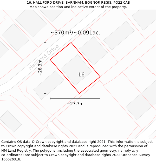 16, HALLIFORD DRIVE, BARNHAM, BOGNOR REGIS, PO22 0AB: Plot and title map