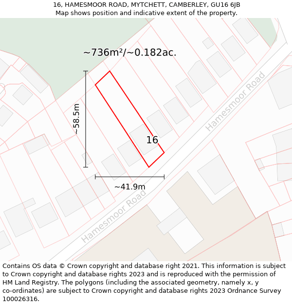 16, HAMESMOOR ROAD, MYTCHETT, CAMBERLEY, GU16 6JB: Plot and title map