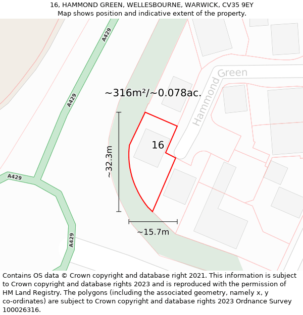 16, HAMMOND GREEN, WELLESBOURNE, WARWICK, CV35 9EY: Plot and title map