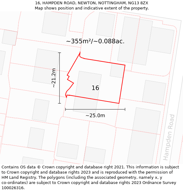 16, HAMPDEN ROAD, NEWTON, NOTTINGHAM, NG13 8ZX: Plot and title map