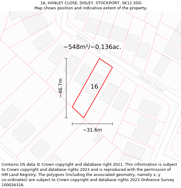 16, HANLEY CLOSE, DISLEY, STOCKPORT, SK12 2DG: Plot and title map