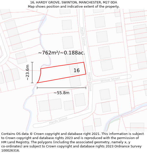 16, HARDY GROVE, SWINTON, MANCHESTER, M27 0DA: Plot and title map