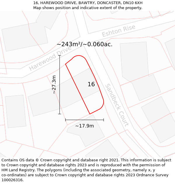 16, HAREWOOD DRIVE, BAWTRY, DONCASTER, DN10 6XH: Plot and title map