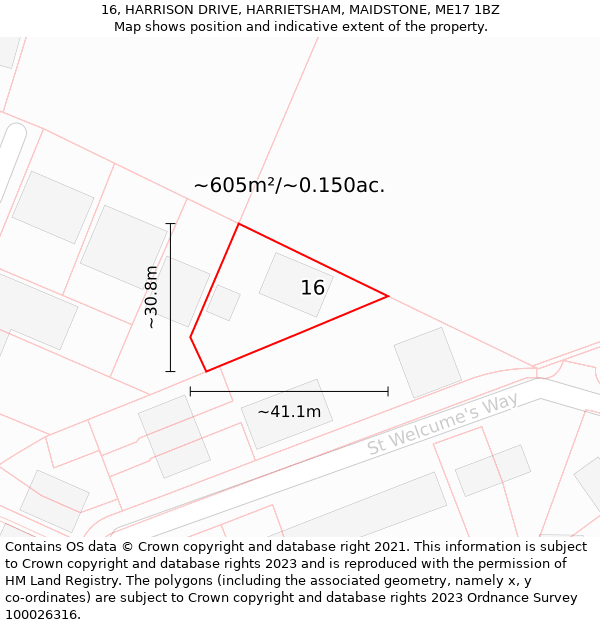 16, HARRISON DRIVE, HARRIETSHAM, MAIDSTONE, ME17 1BZ: Plot and title map