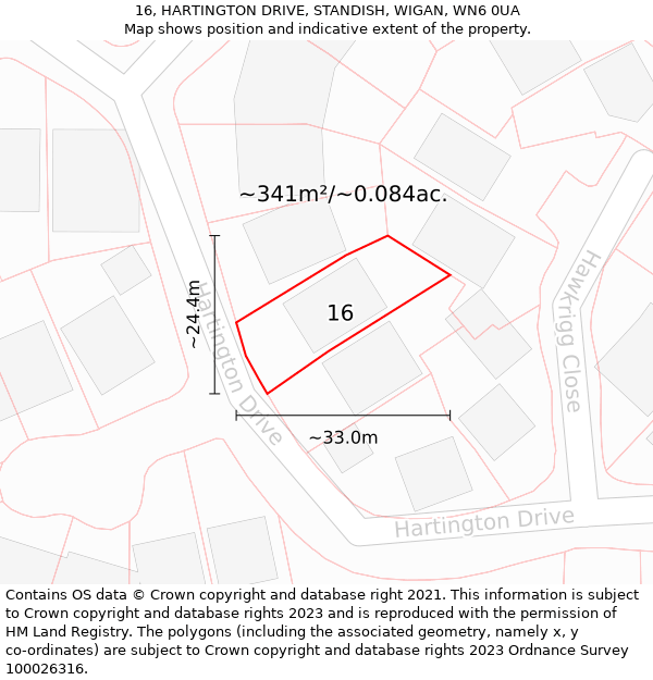 16, HARTINGTON DRIVE, STANDISH, WIGAN, WN6 0UA: Plot and title map