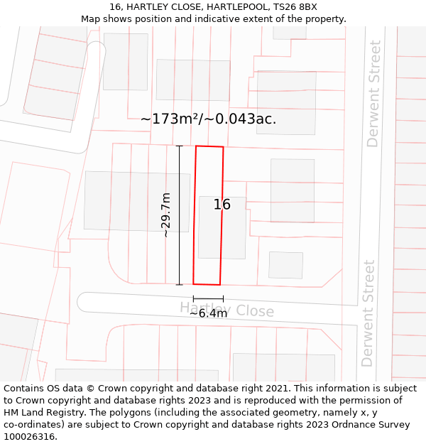 16, HARTLEY CLOSE, HARTLEPOOL, TS26 8BX: Plot and title map