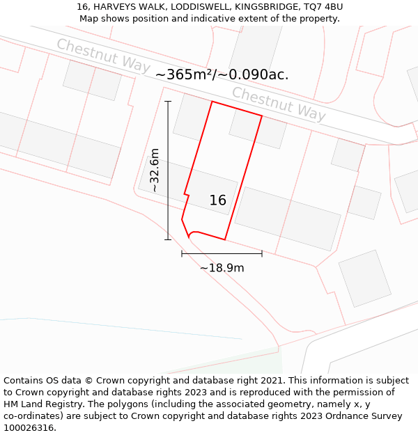 16, HARVEYS WALK, LODDISWELL, KINGSBRIDGE, TQ7 4BU: Plot and title map