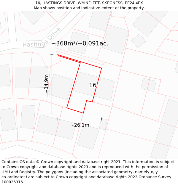 16, HASTINGS DRIVE, WAINFLEET, SKEGNESS, PE24 4PX: Plot and title map