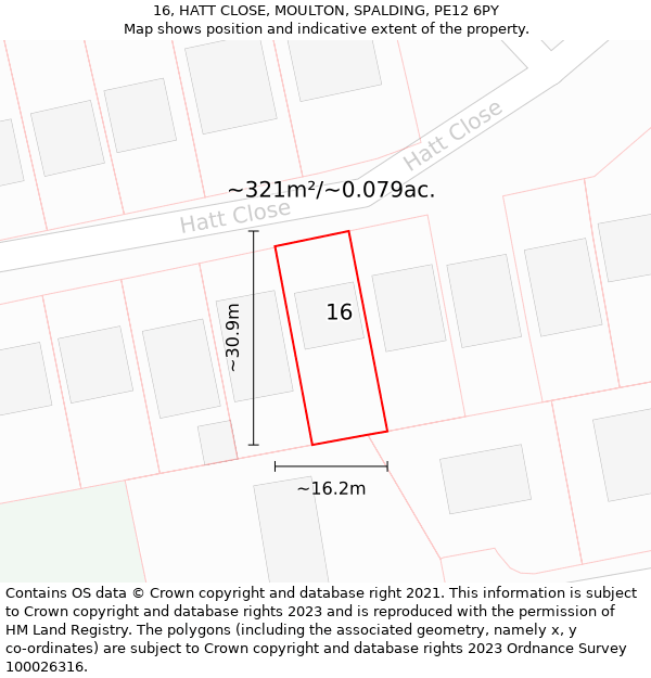 16, HATT CLOSE, MOULTON, SPALDING, PE12 6PY: Plot and title map