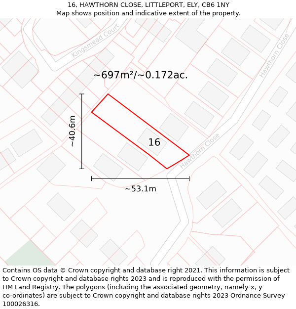 16, HAWTHORN CLOSE, LITTLEPORT, ELY, CB6 1NY: Plot and title map