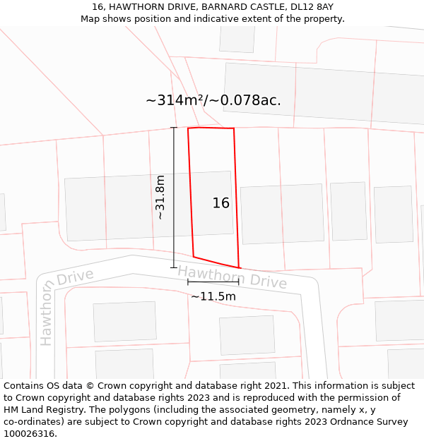 16, HAWTHORN DRIVE, BARNARD CASTLE, DL12 8AY: Plot and title map