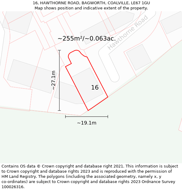 16, HAWTHORNE ROAD, BAGWORTH, COALVILLE, LE67 1GU: Plot and title map