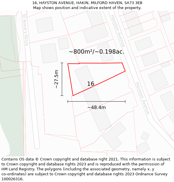 16, HAYSTON AVENUE, HAKIN, MILFORD HAVEN, SA73 3EB: Plot and title map