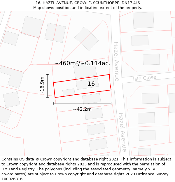 16, HAZEL AVENUE, CROWLE, SCUNTHORPE, DN17 4LS: Plot and title map