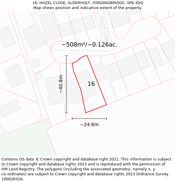 16, HAZEL CLOSE, ALDERHOLT, FORDINGBRIDGE, SP6 3DQ: Plot and title map