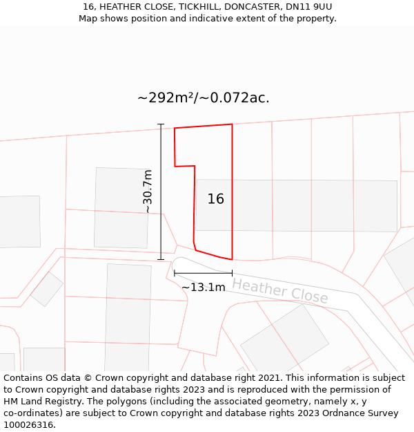 16, HEATHER CLOSE, TICKHILL, DONCASTER, DN11 9UU: Plot and title map