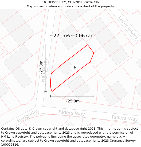 16, HEDGERLEY, CHINNOR, OX39 4TN: Plot and title map