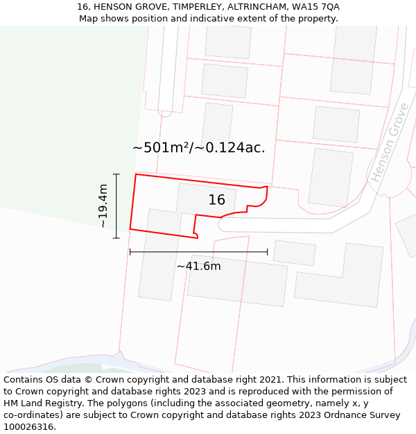 16, HENSON GROVE, TIMPERLEY, ALTRINCHAM, WA15 7QA: Plot and title map