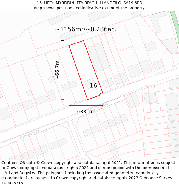 16, HEOL MYRDDIN, FFAIRFACH, LLANDEILO, SA19 6PD: Plot and title map