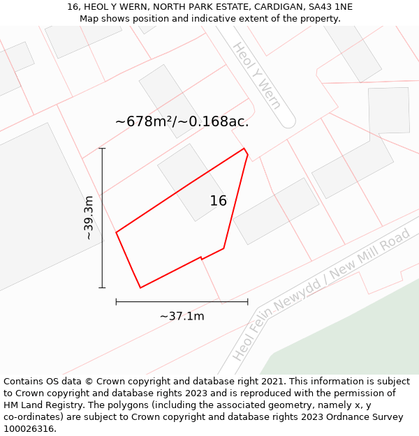 16, HEOL Y WERN, NORTH PARK ESTATE, CARDIGAN, SA43 1NE: Plot and title map