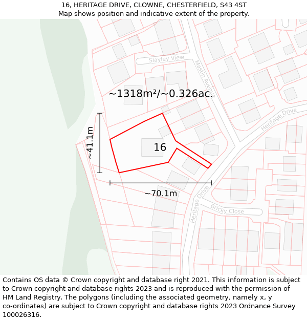 16, HERITAGE DRIVE, CLOWNE, CHESTERFIELD, S43 4ST: Plot and title map