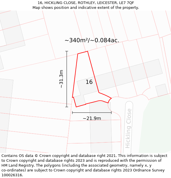 16, HICKLING CLOSE, ROTHLEY, LEICESTER, LE7 7QF: Plot and title map