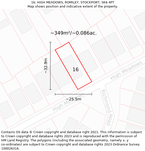 16, HIGH MEADOWS, ROMILEY, STOCKPORT, SK6 4PT: Plot and title map