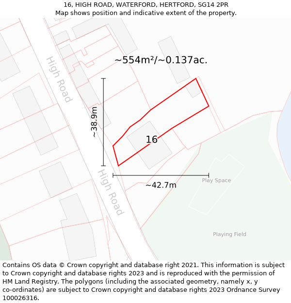 16, HIGH ROAD, WATERFORD, HERTFORD, SG14 2PR: Plot and title map